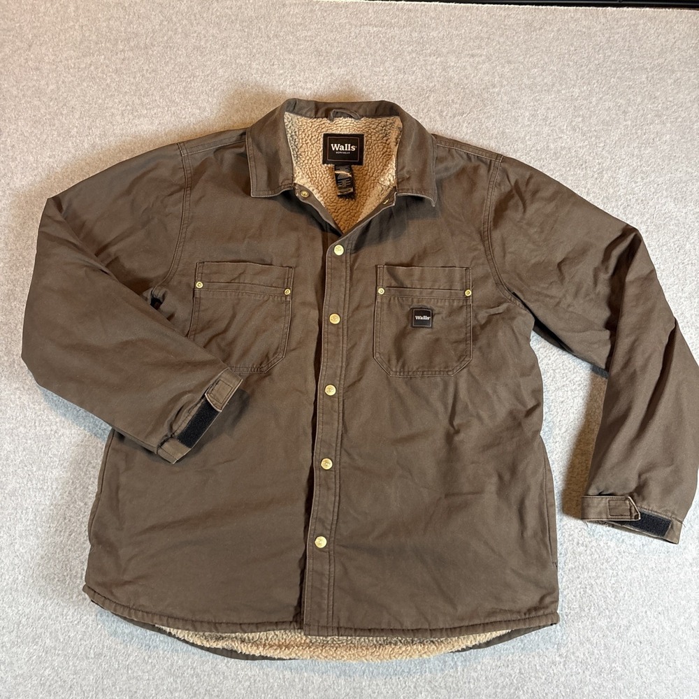 WALLS‎ Brown Chore Jacket Brown Fleece Lined Snap Button Men's L Warm Work Coat